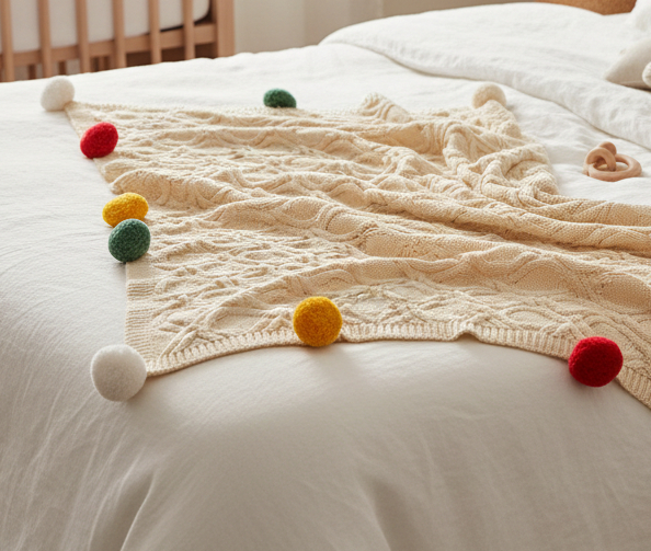 Pomme Cotton Knitted Ogee Pointelle Decorative Blanket with Pom-Poms (Ivory)