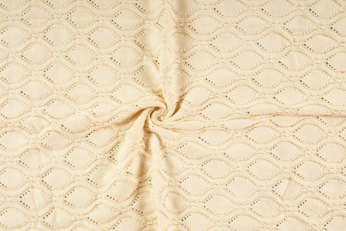 Pomme Cotton Knitted Ogee Pointelle Decorative Blanket with Pom-Poms (Ivory)