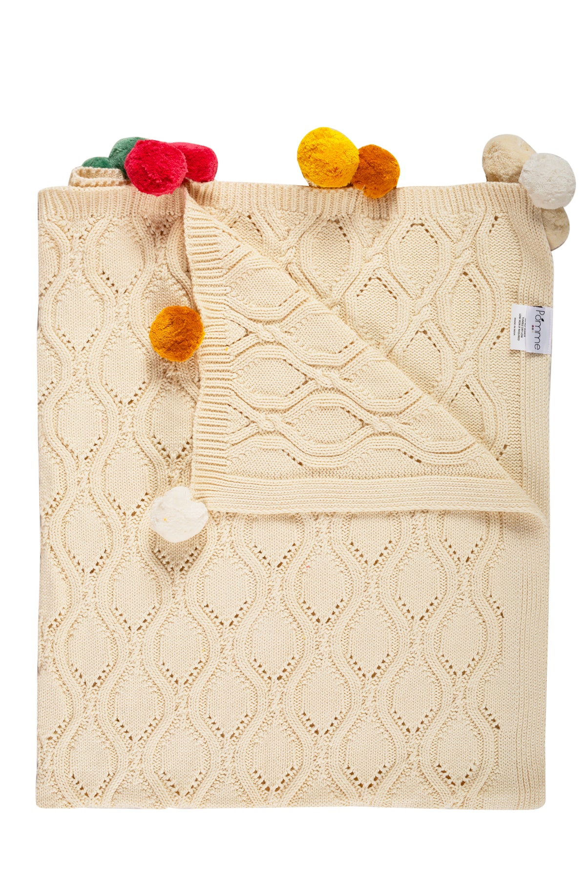 Pomme Cotton Knitted Ogee Pointelle Decorative Blanket with Pom-Poms (Ivory)