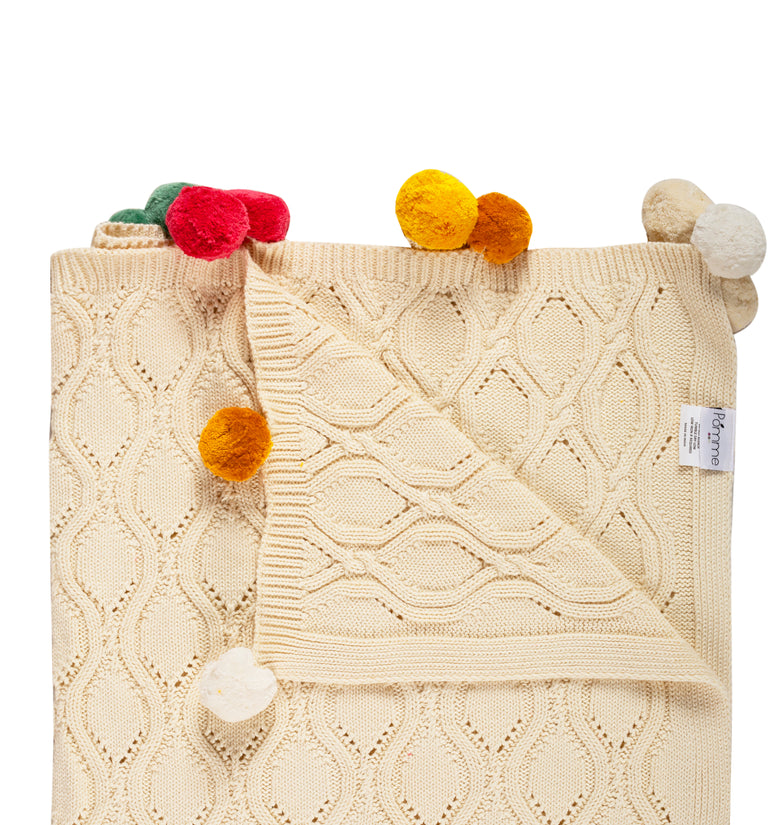 Kids Blanket Chunky Pattern With Pom-Pom Ivory