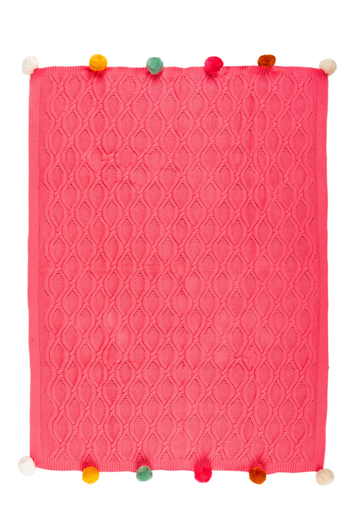 Pomme Cotton Knitted Ogee Pointelle Decorative Blanket with Pom-Poms (Dark Pink)