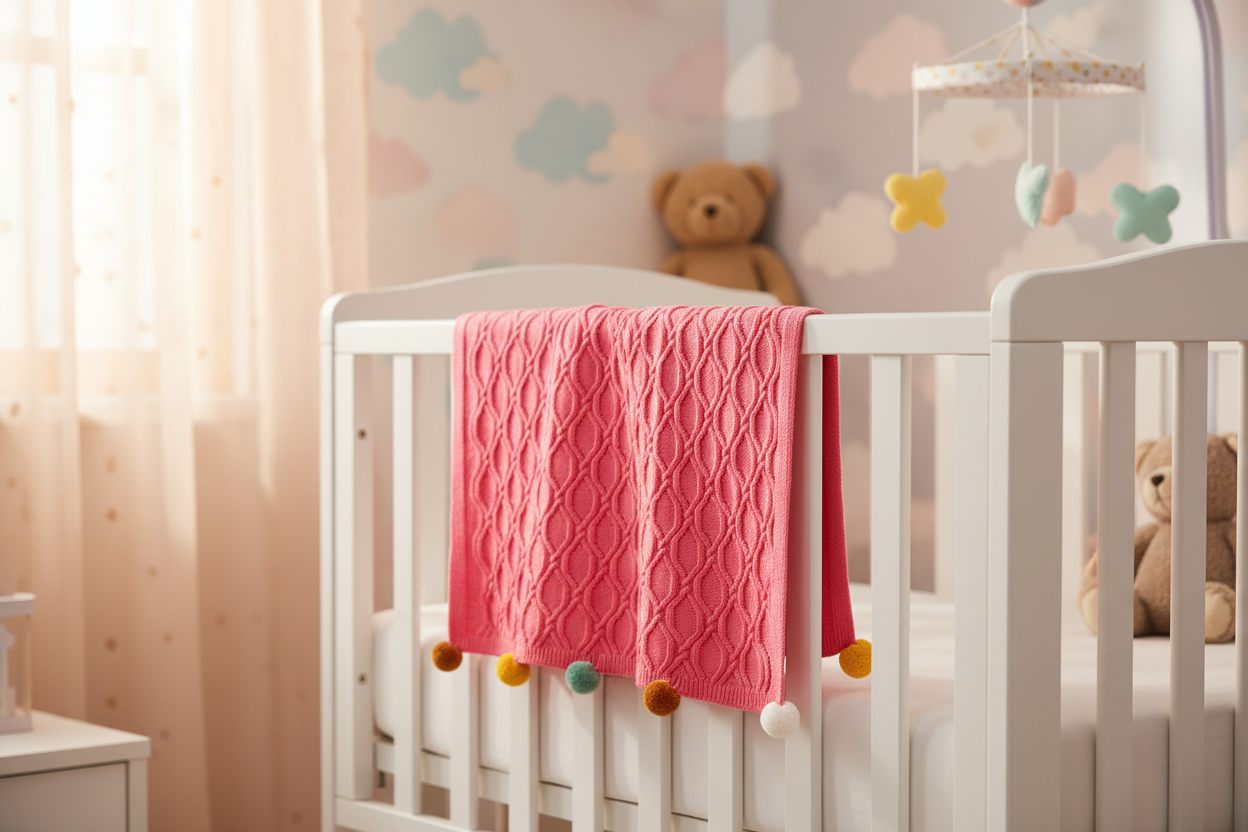 Pomme Cotton Knitted Ogee Pointelle Decorative Blanket with Pom-Poms (Dark Pink)