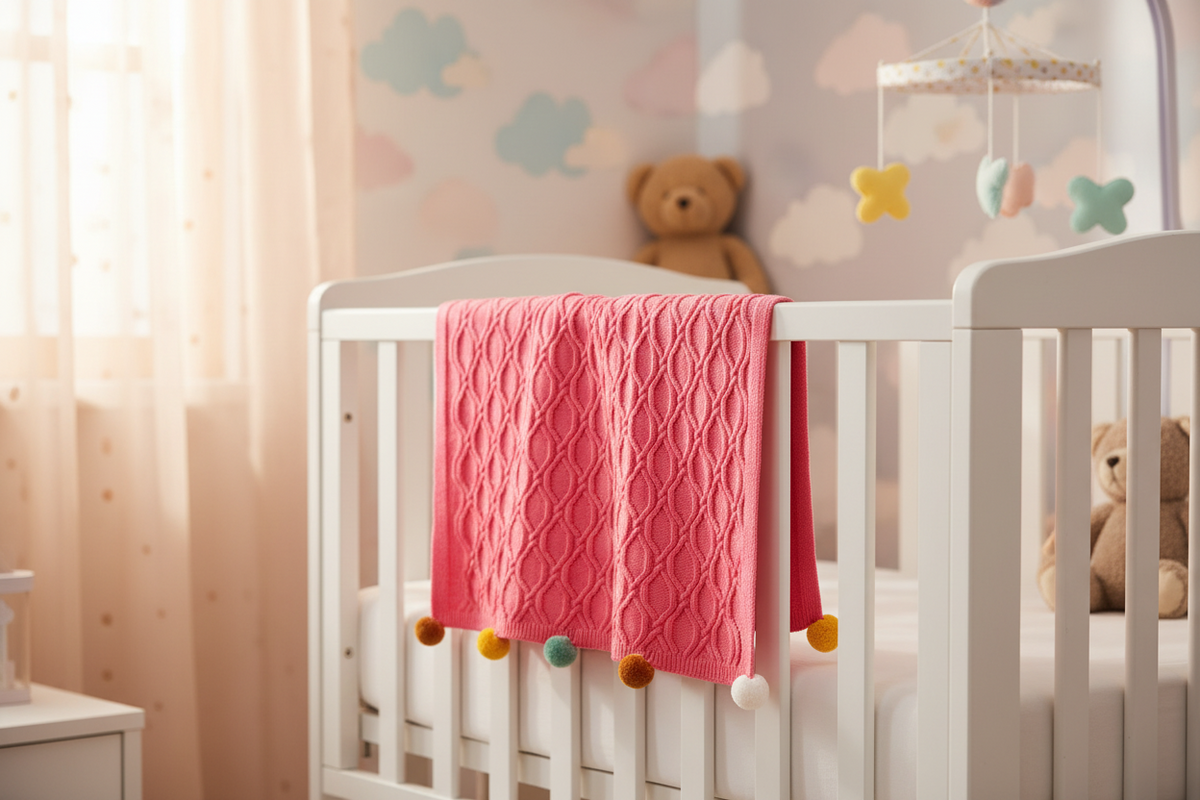 Pomme Cotton Knitted Ogee Pointelle Decorative Blanket with Pom-Poms (Dark Pink)