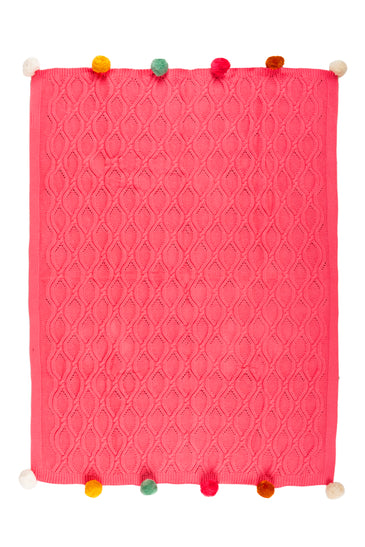 Kids Blanket Chunky Pattern With Pom-Pom Pink