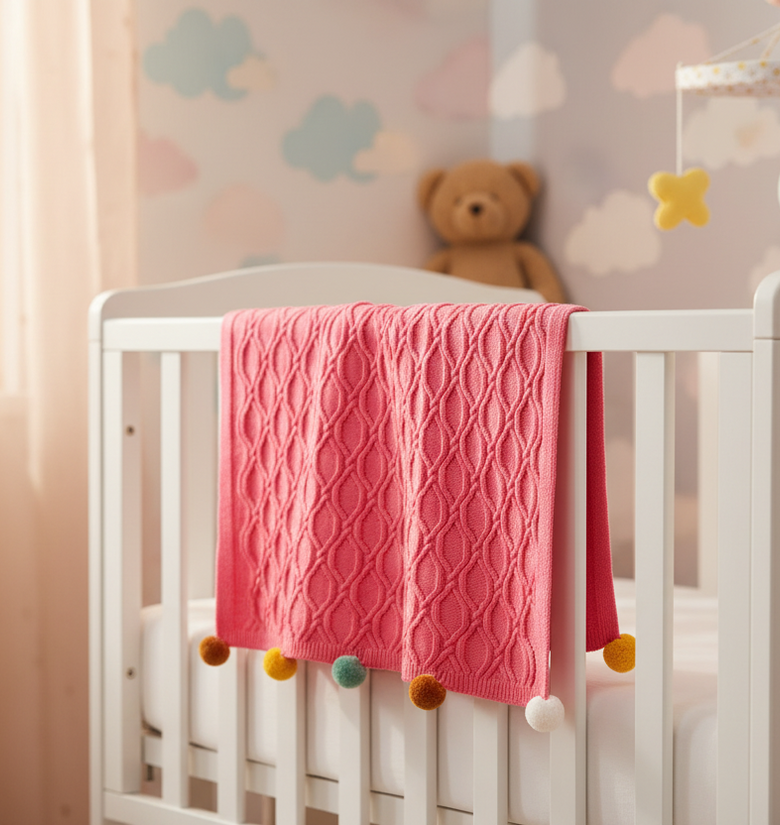 Pomme Cotton Knitted Ogee Pointelle Decorative Blanket with Pom-Poms (Dark Pink)