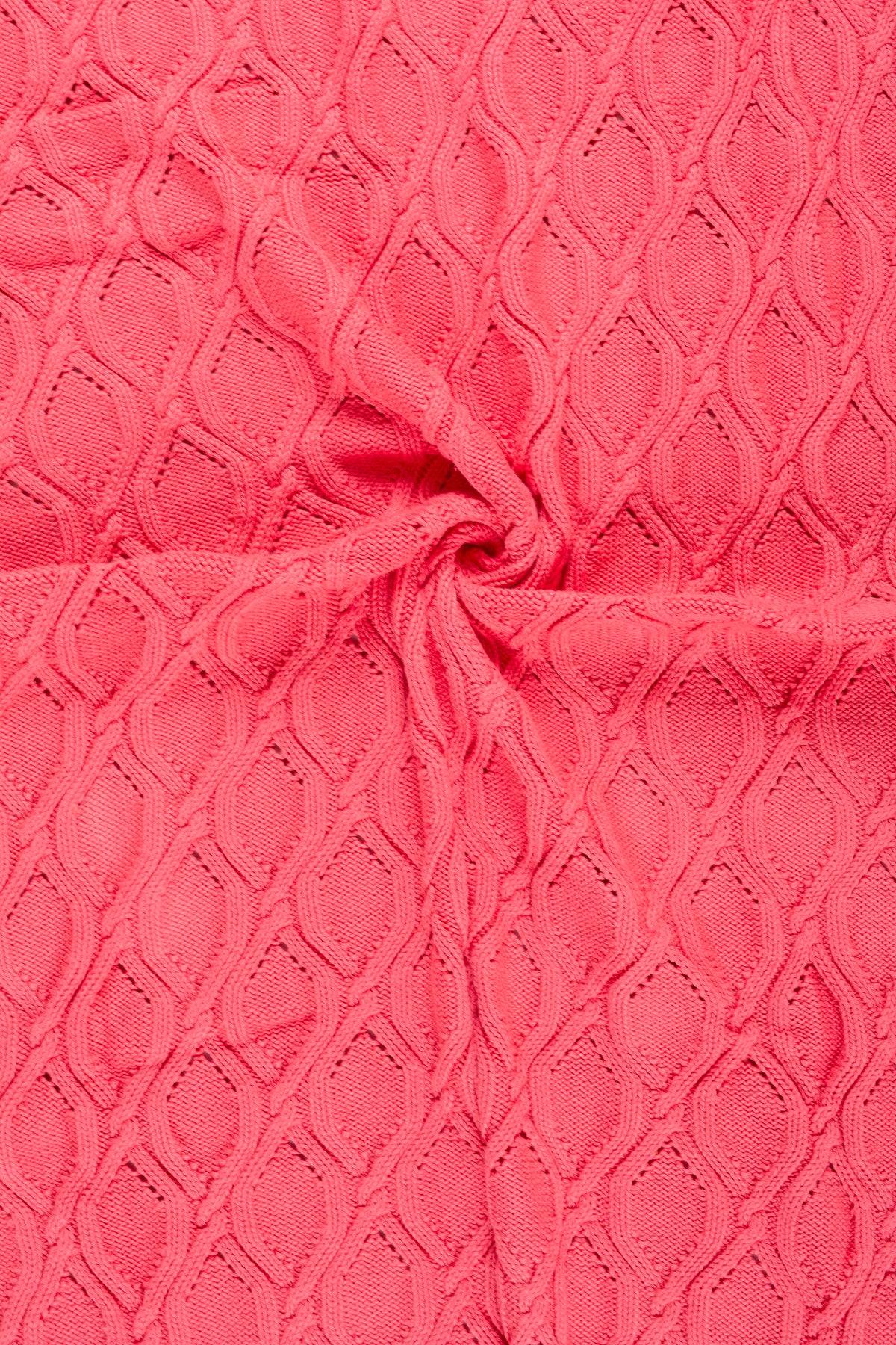 Pomme Cotton Knitted Ogee Pointelle Decorative Blanket with Pom-Poms (Dark Pink)
