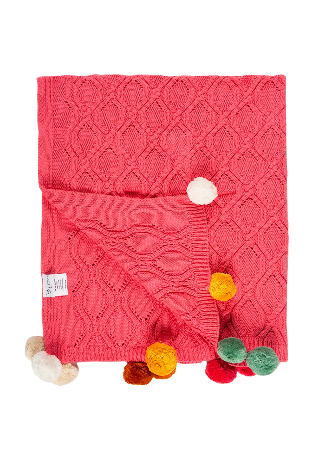Pomme Cotton Knitted Ogee Pointelle Decorative Blanket with Pom-Poms (Dark Pink)