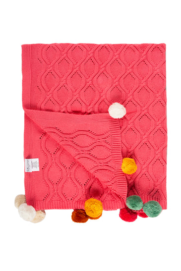 Kids Blanket Chunky Pattern With Pom-Pom Pink