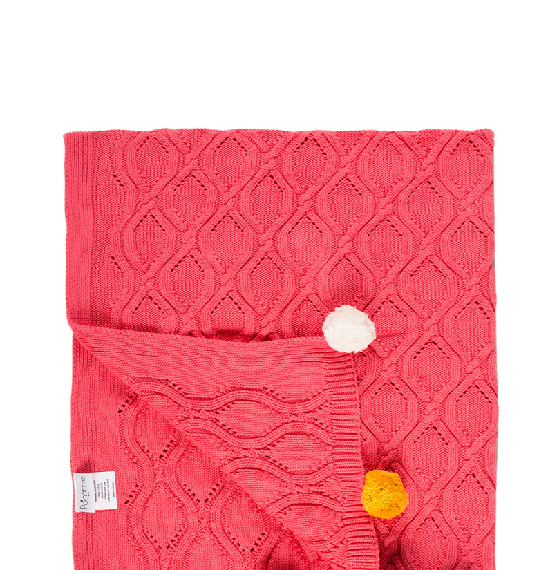 Kids Blanket Chunky Pattern With Pom-Pom Pink