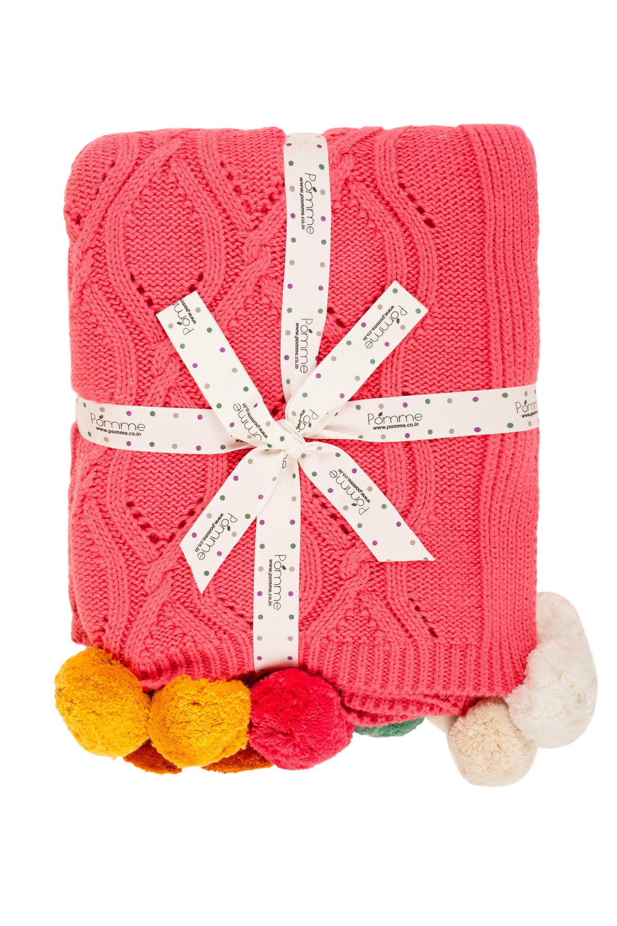 Pomme Cotton Knitted Ogee Pointelle Decorative Blanket with Pom-Poms (Dark Pink)
