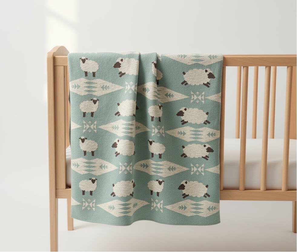 Pomme Cotton Knitted Little Lamb Meadow Baby Blanket (Dull Blue)