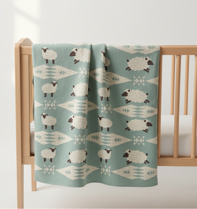 Pomme Cotton Knitted Little Lamb Meadow Baby Blanket (Dull Blue)