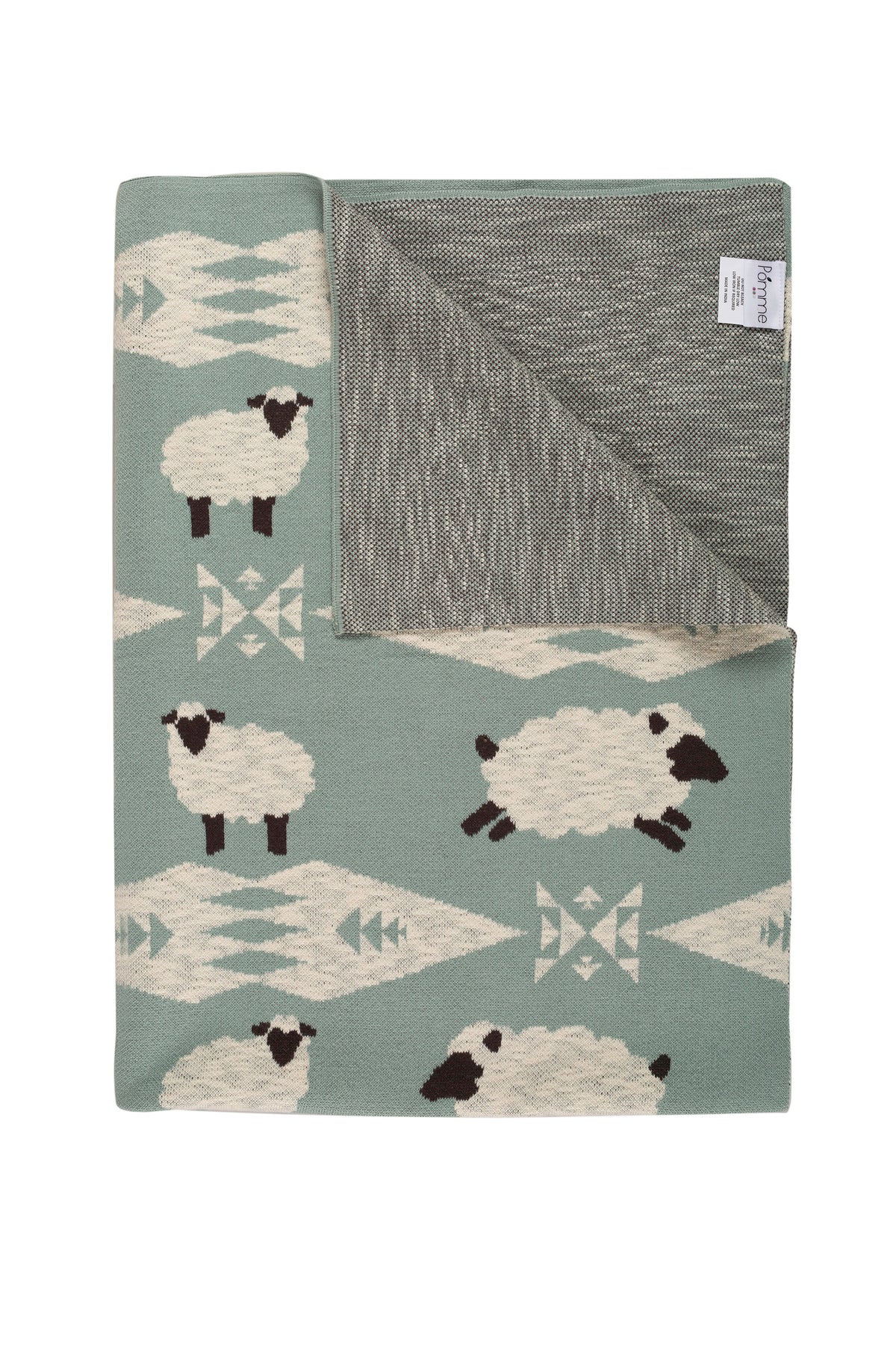 Pomme Cotton Knitted Little Lamb Meadow Baby Blanket (Dull Blue)
