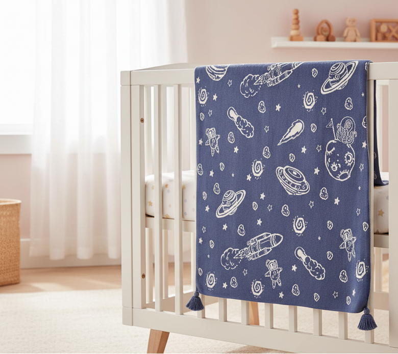 Pomme Cotton Knitted Reversible Outer Space Adventure Baby Blanket (Deep Blue)