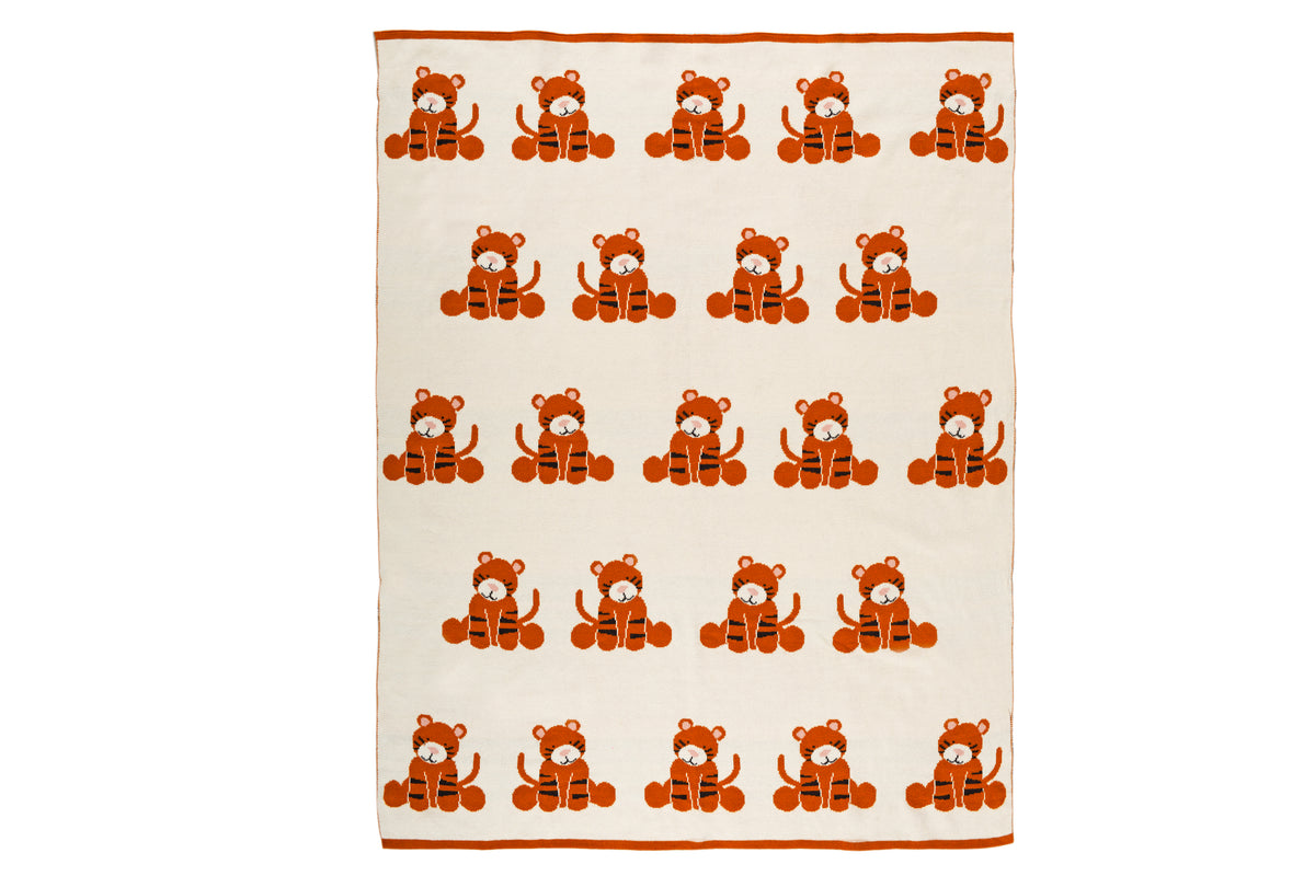 Pomme Cotton Knitted Curious Tiger Cub Baby Blanket (Ivory & Honey Ginger)
