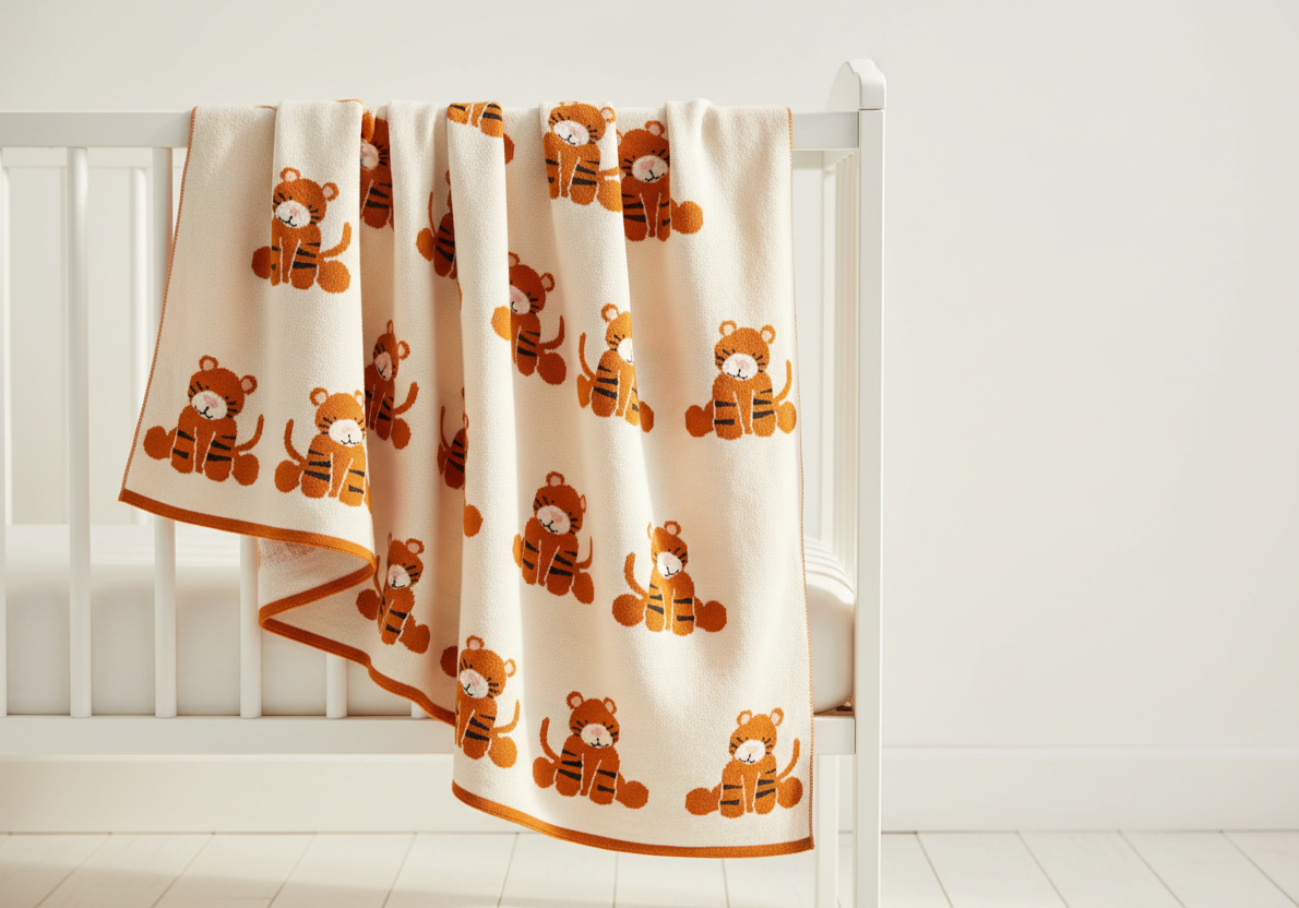 Pomme Cotton Knitted Curious Tiger Cub Baby Blanket (Ivory & Honey Ginger)