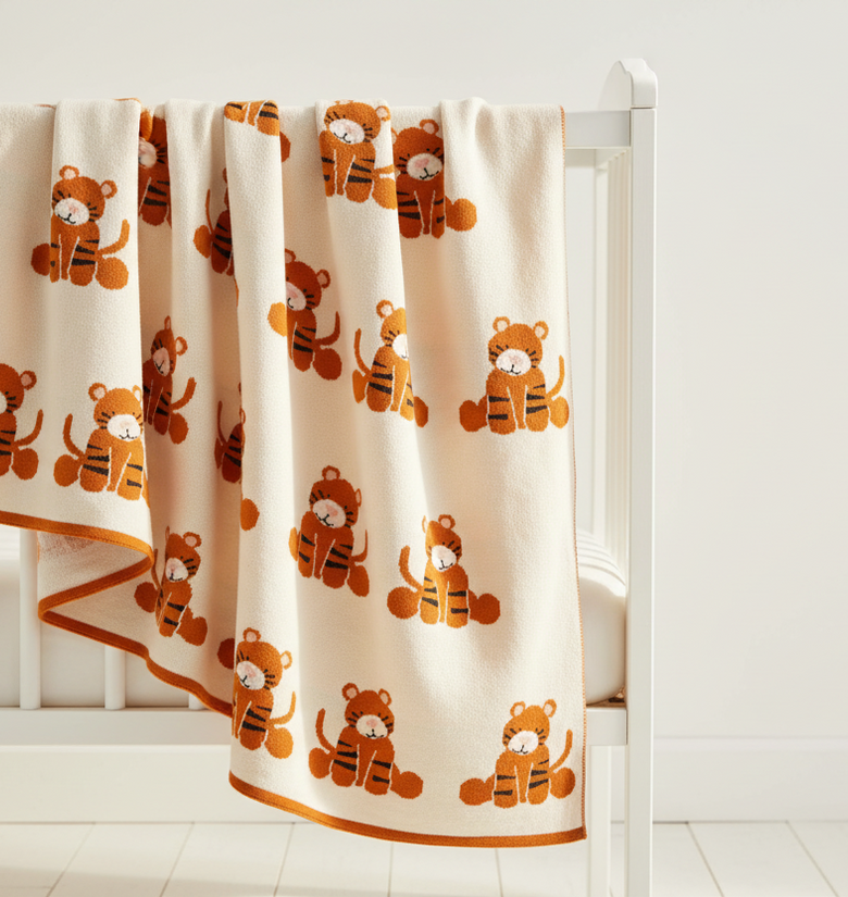 Pomme Cotton Knitted Curious Tiger Cub Baby Blanket (Ivory & Honey Ginger)