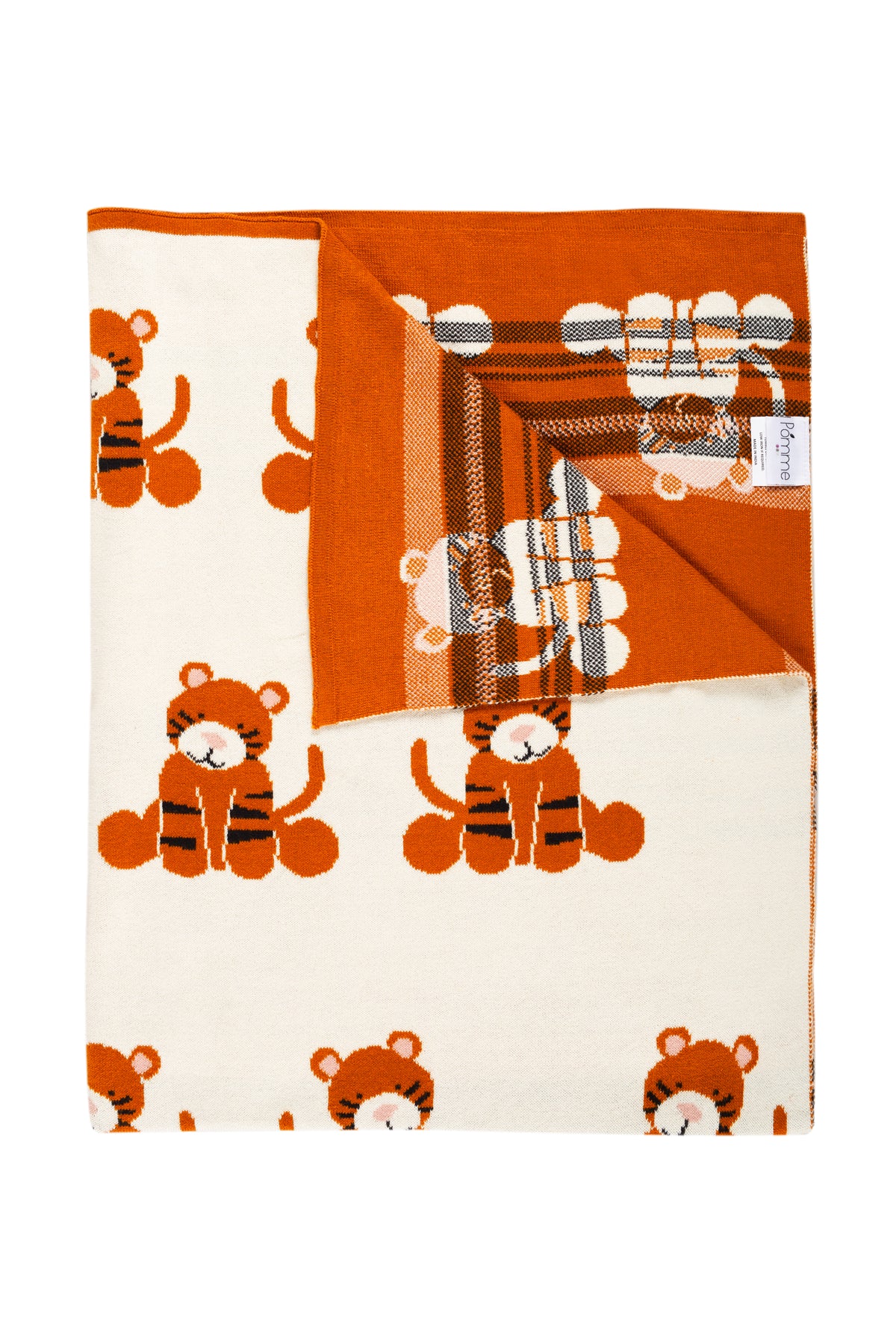 Pomme Cotton Knitted Curious Tiger Cub Baby Blanket (Ivory & Honey Ginger)