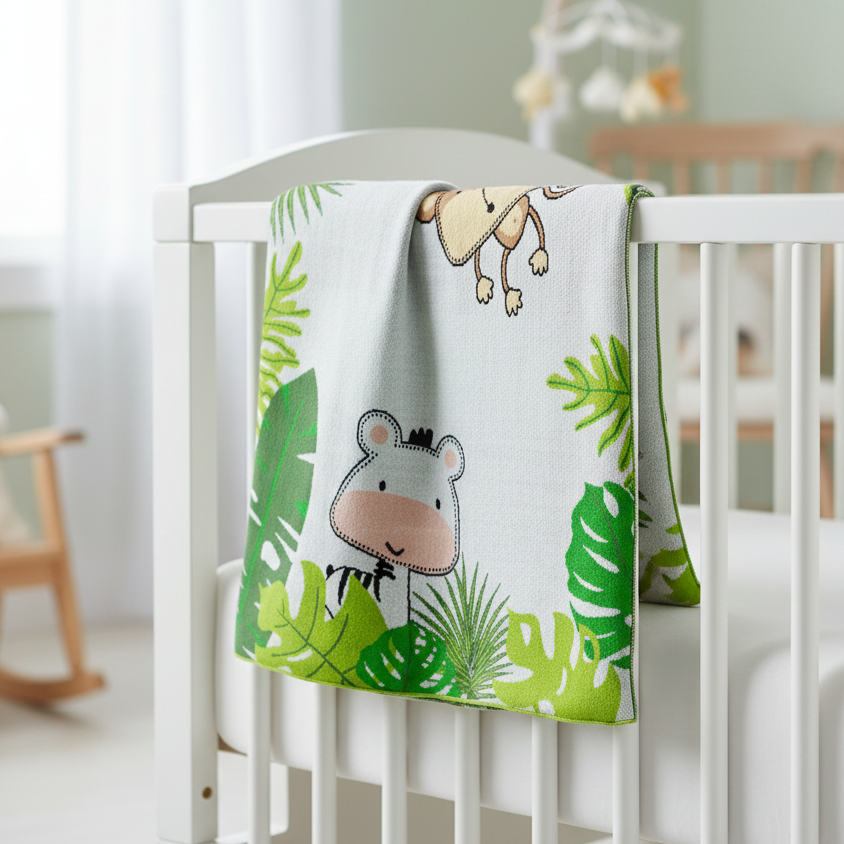 Pomme Cotton Knitted Jungle Playdate Baby Blanket (Ivory & Green)