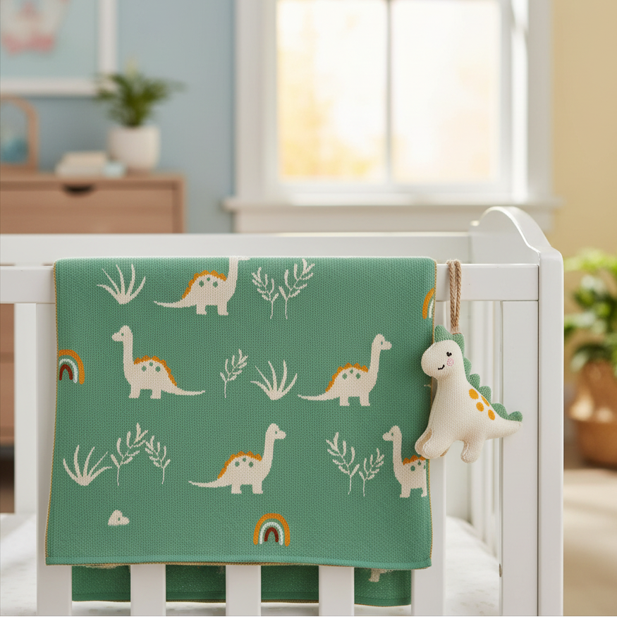 Pomme Cotton Knitted Little Dino Meadow Baby Blanket (Feldspar Green)
