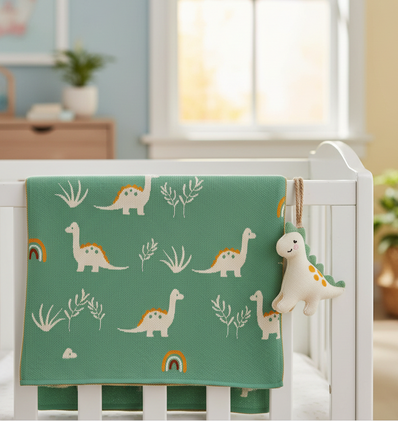 Pomme Cotton Knitted Little Dino Meadow Baby Blanket (Feldspar Green)
