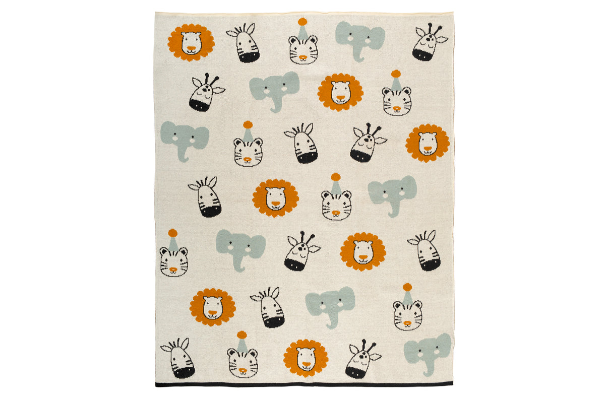 Pomme Cotton Knitted Safari Party Faces Baby Blanket (Ivory)
