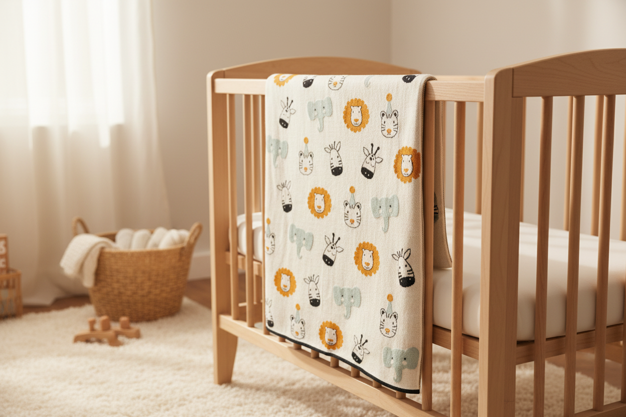 Pomme Cotton Knitted Safari Party Faces Baby Blanket (Ivory)