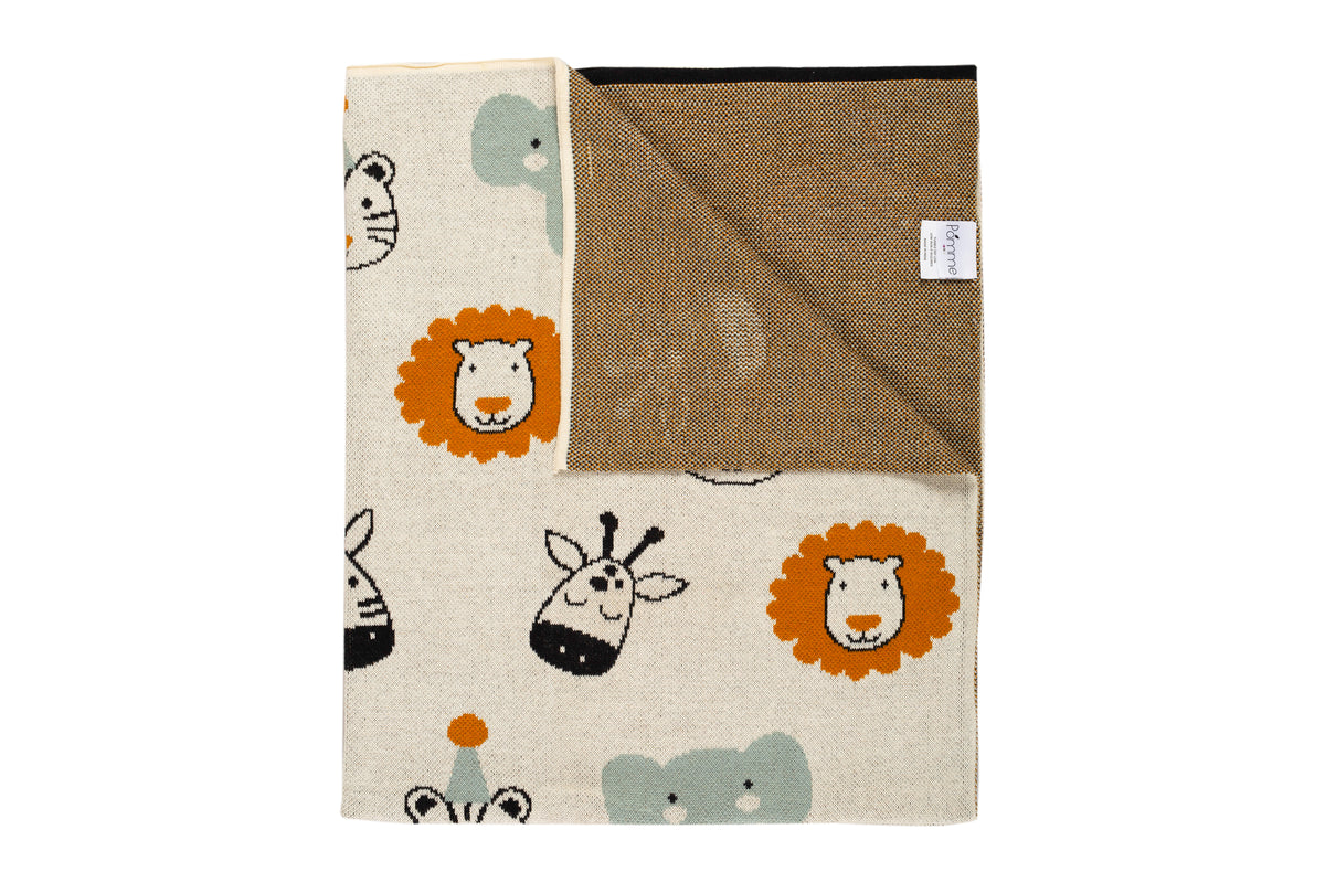 Pomme Cotton Knitted Safari Party Faces Baby Blanket (Ivory)