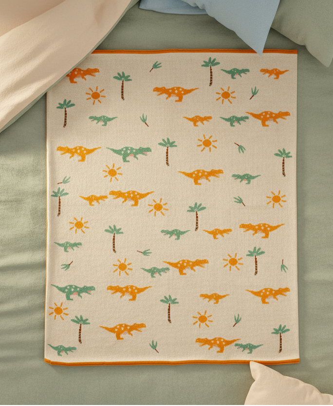 Pomme Cotton Knitted Sunny Dino Jungle Baby Blanket (Ivory)