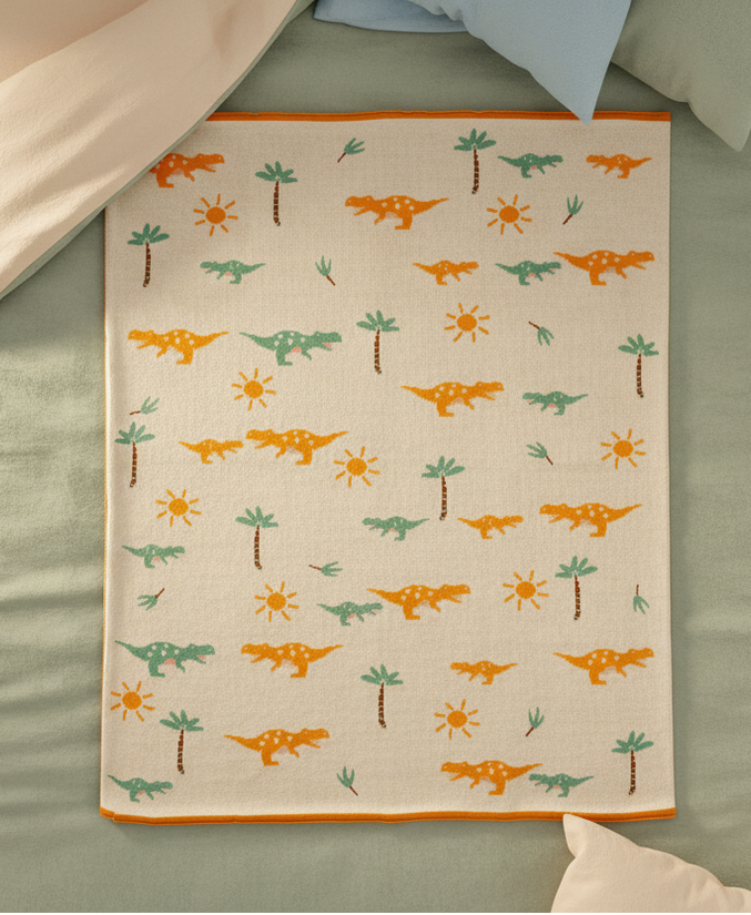 Pomme Cotton Knitted Sunny Dino Jungle Baby Blanket (Ivory)