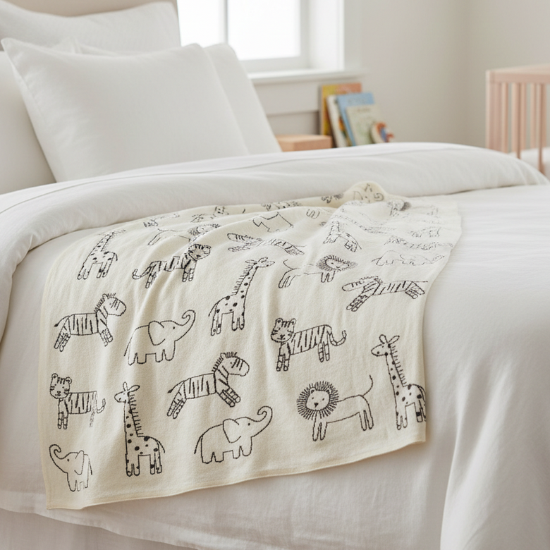 Pomme Cotton Knitted Monochrome Safari Reversible Baby Blanket (Black & Ivory)