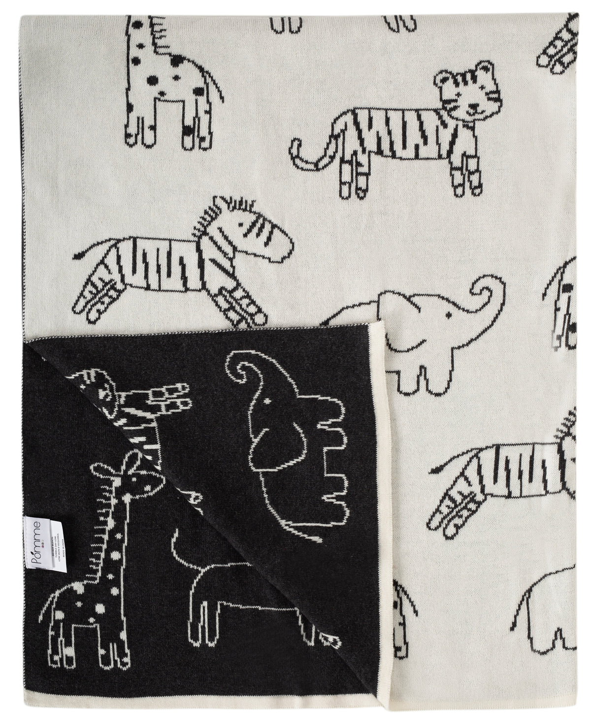 Pomme Cotton Knitted Monochrome Safari Reversible Baby Blanket (Black & Ivory)