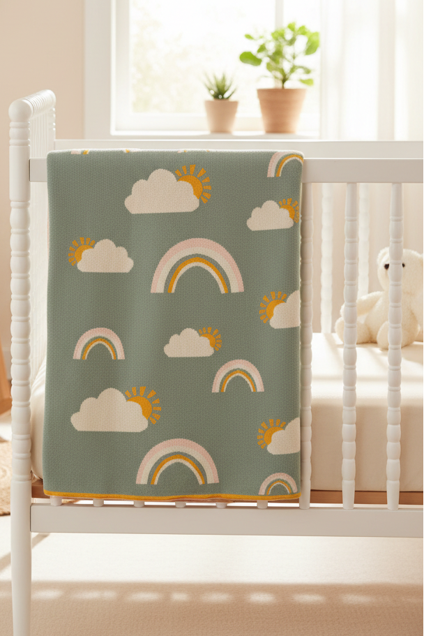 Pomme Cotton Knitted After-The-Rain Rainbow Baby Blanket (Sage Mint)