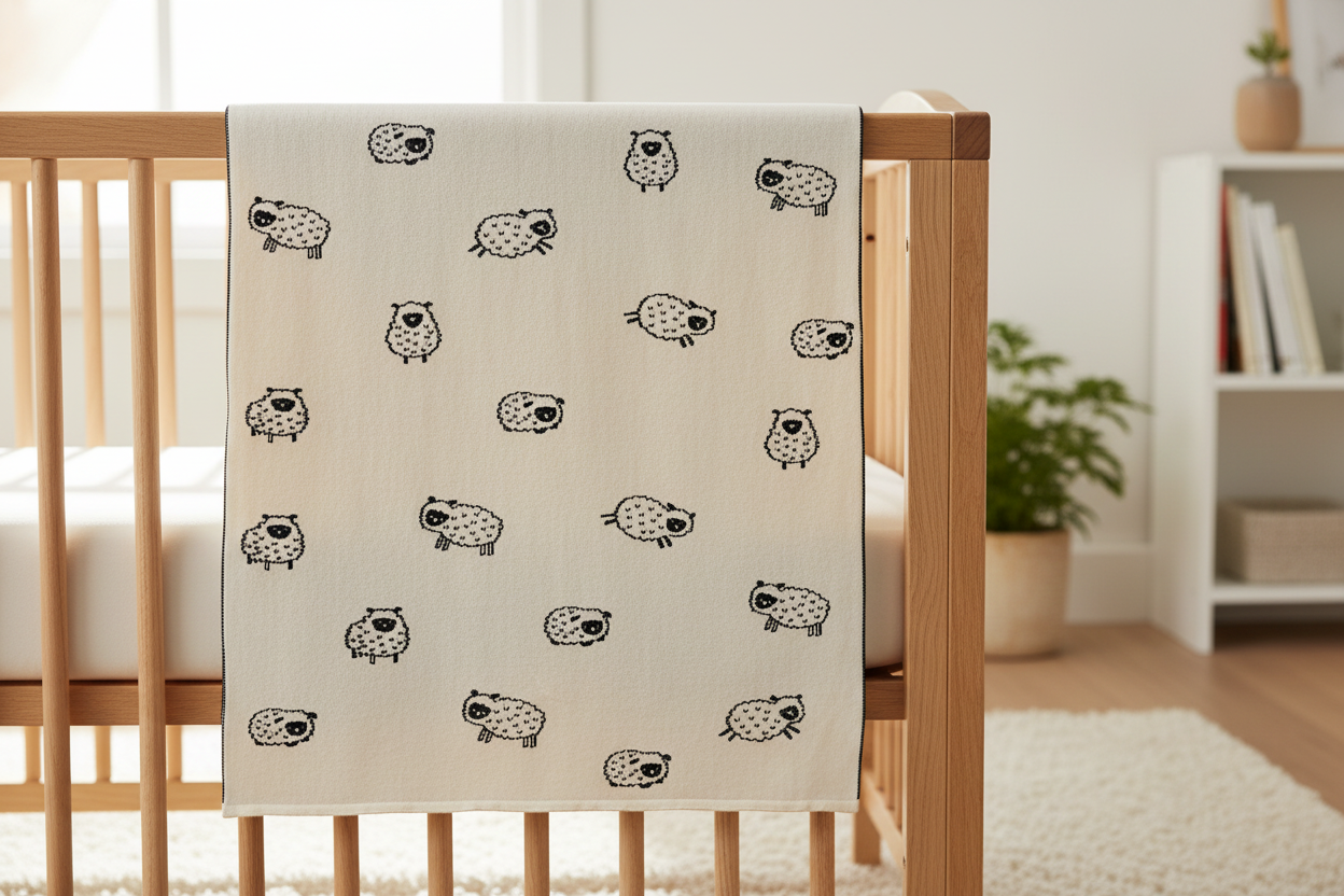 Pomme Cotton Knitted Monochrome Sweet Sheep Reversible Baby Blanket (Black & Ivory)