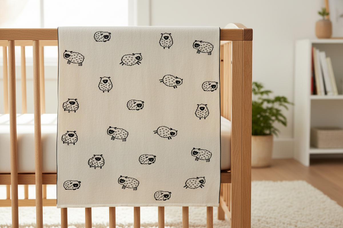 Pomme Cotton Knitted Monochrome Sweet Sheep Reversible Baby Blanket (Black & Ivory)