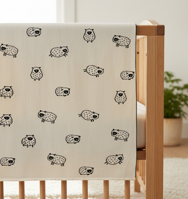 Pomme Cotton Knitted Monochrome Sweet Sheep Reversible Baby Blanket (Black & Ivory)