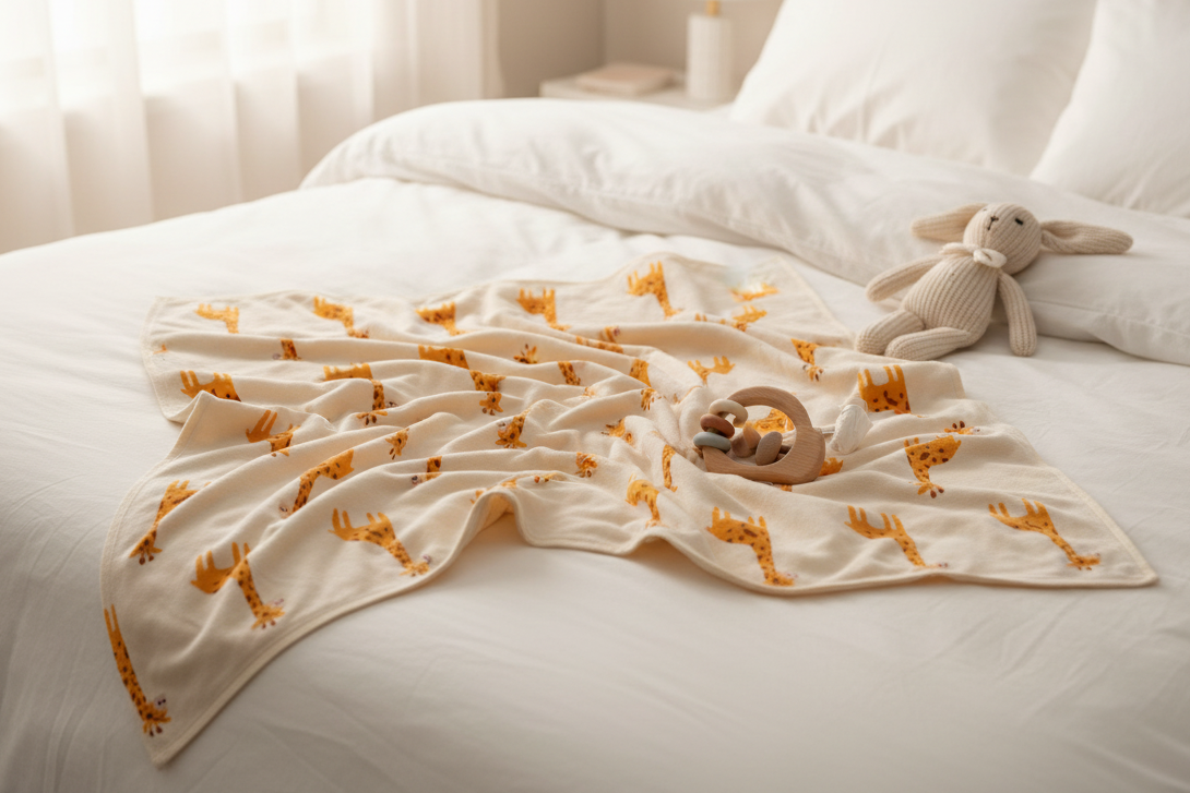 Pomme Cotton Knitted Little Giraffe Baby Blanket (Ivory & Mustard)