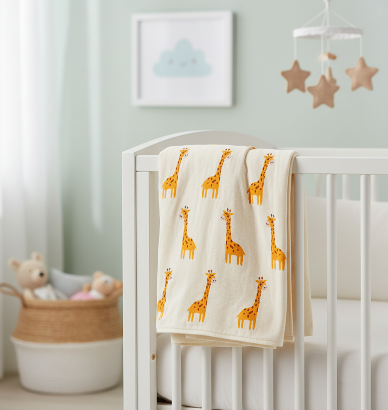 Pomme Cotton Knitted Little Giraffe Baby Blanket (Ivory & Mustard)