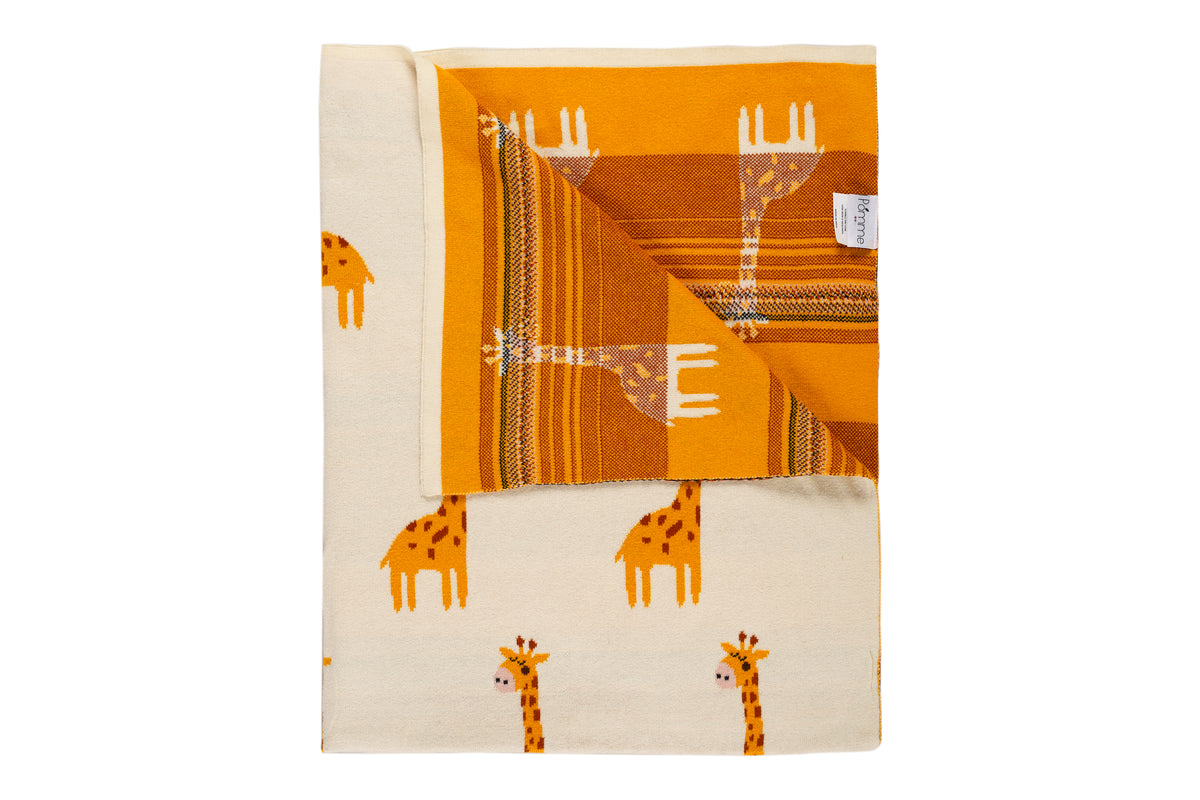 Pomme Cotton Knitted Little Giraffe Baby Blanket (Ivory & Mustard)