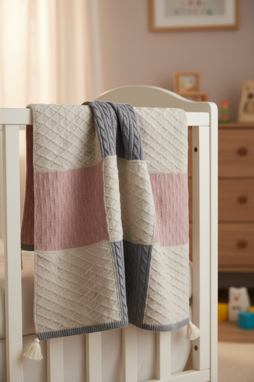 Pomme Patchwork Knit Baby Blanket (Blush & Blue)