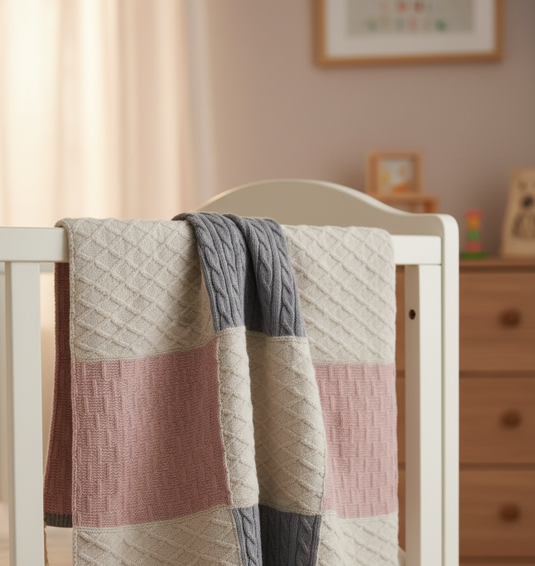 Pomme Patchwork Knit Baby Blanket (Blush & Blue)