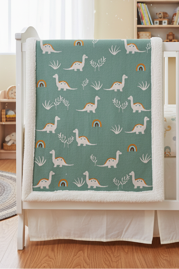 Pomme Little Dino Meadow Sherpa Baby Blanket (Feldspar Green)