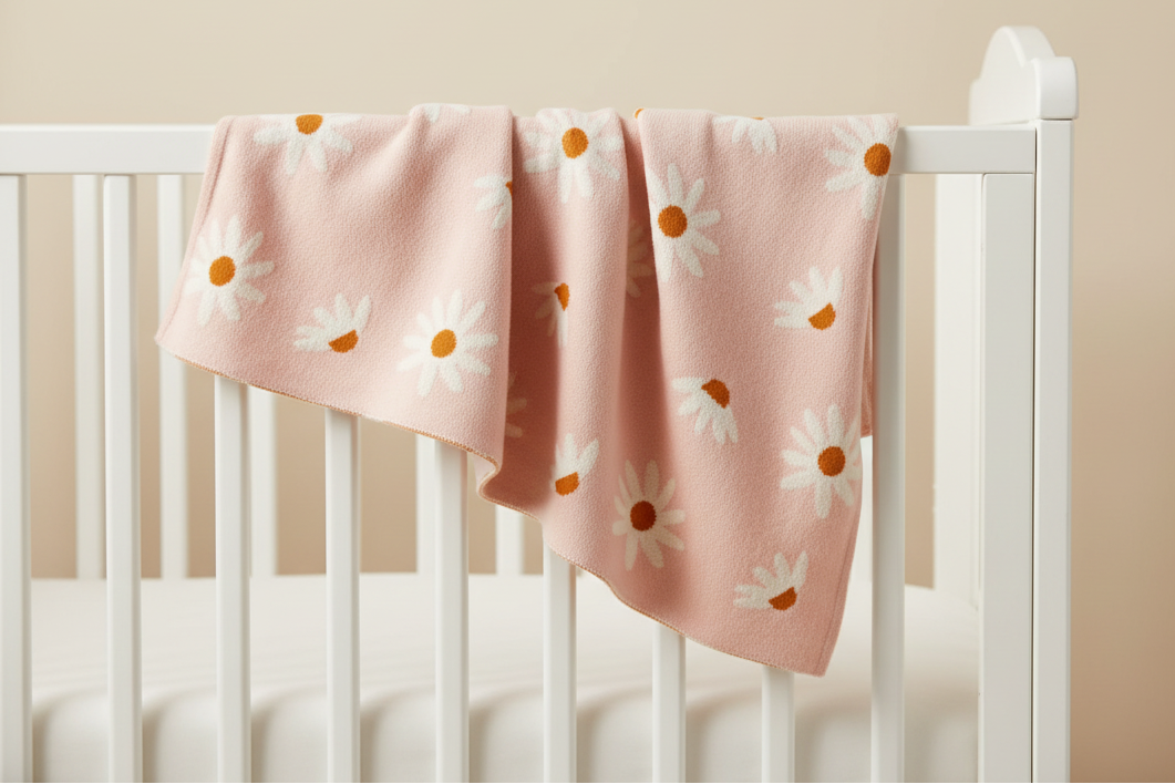 Pomme Cotton Knitted Daisy Field Baby Blanket (Blush Pink)