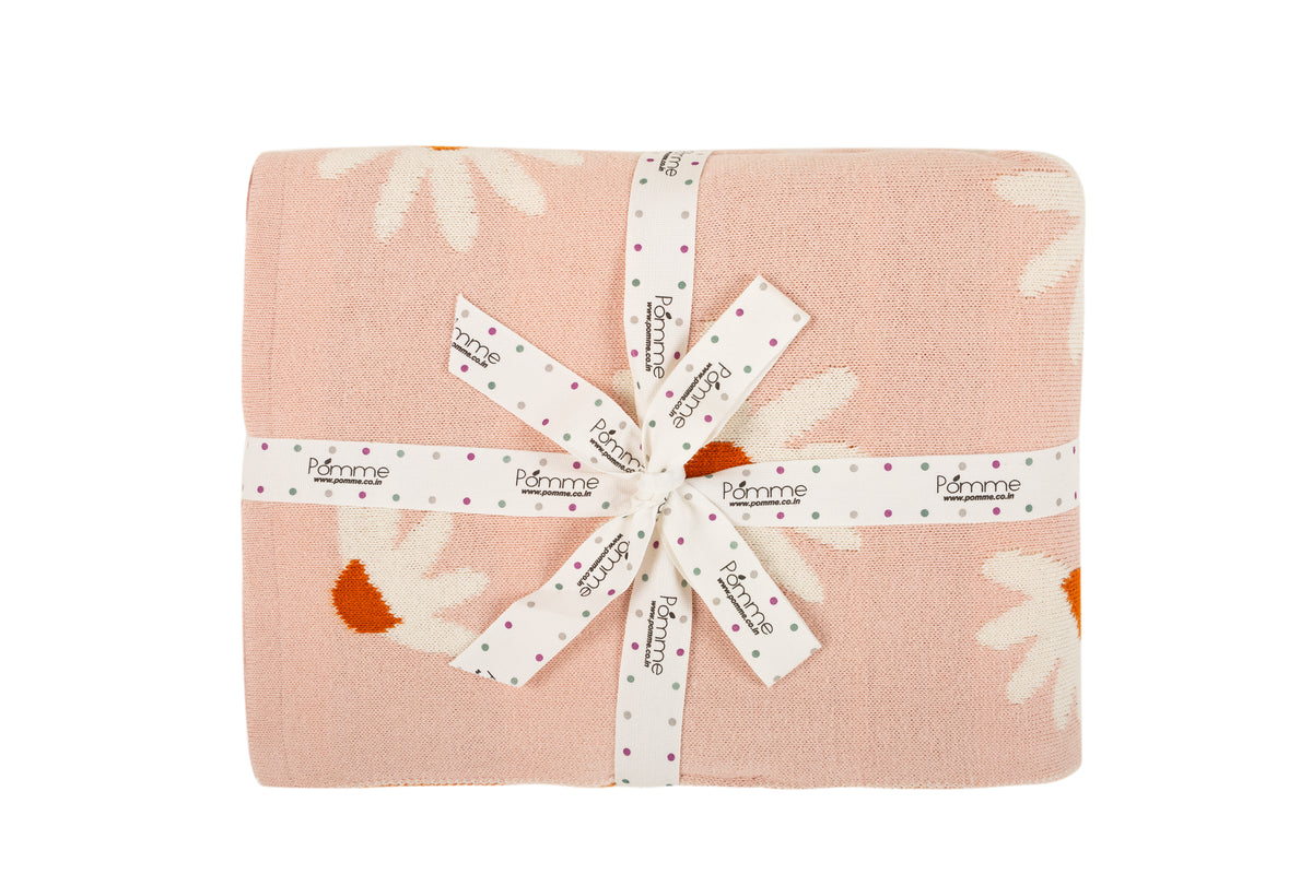 Pomme Cotton Knitted Daisy Field Baby Blanket (Blush Pink)