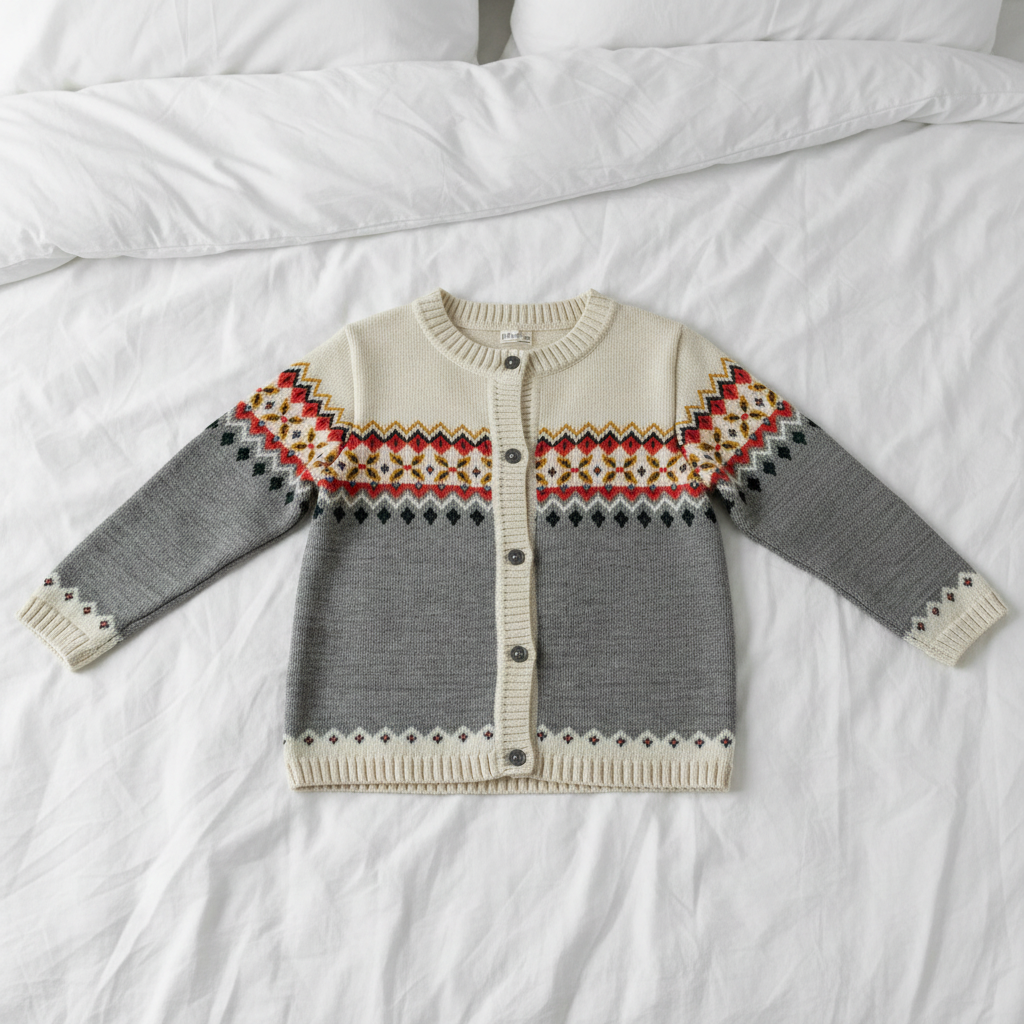 Pomme Cotton Knitted Fair Isle Yoke Kids Cardigan