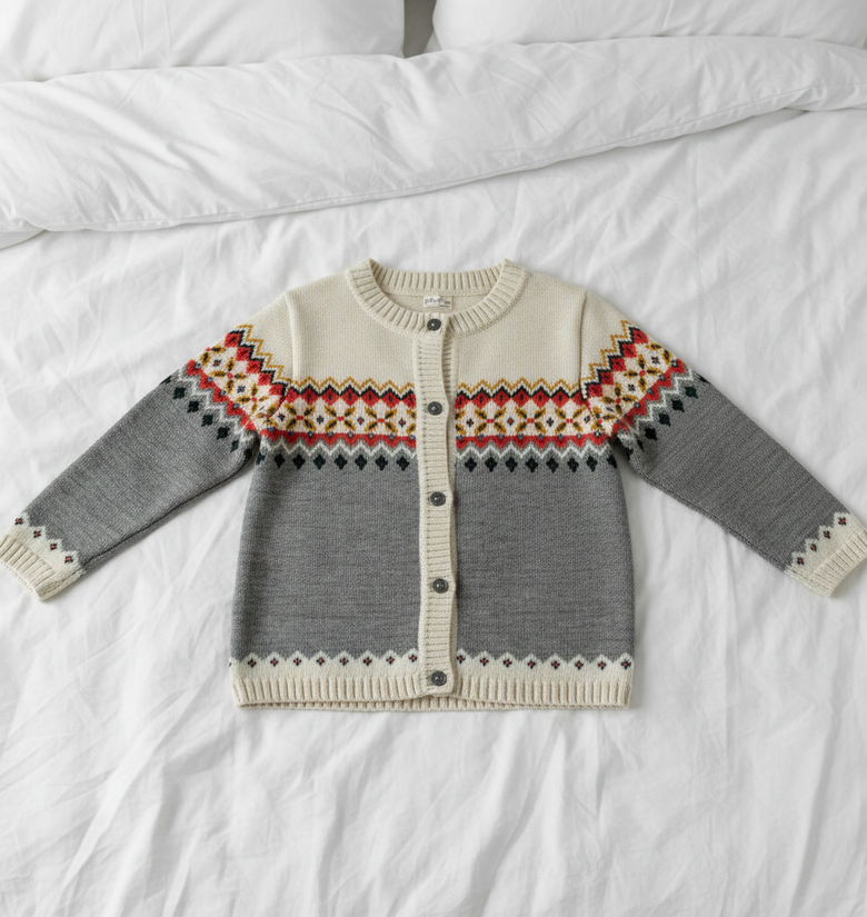 Pomme Cotton Knitted Fair Isle Yoke Kids Cardigan