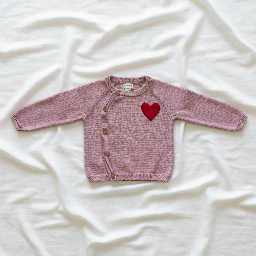 Pomme Cotton Knitted Red Heart Baby Sweater (Pink)