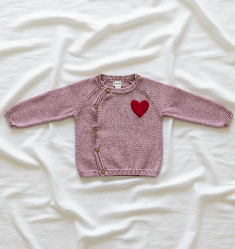 Pomme Cotton Knitted Red Heart Baby Sweater (Pink)