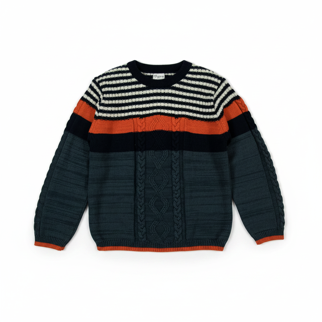 Pomme Cotton Knitted Cabled Stripe Baby Sweater