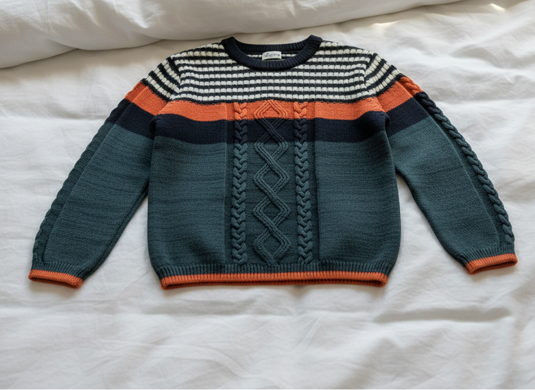 Pomme Cotton Knitted Cabled Stripe Baby Sweater